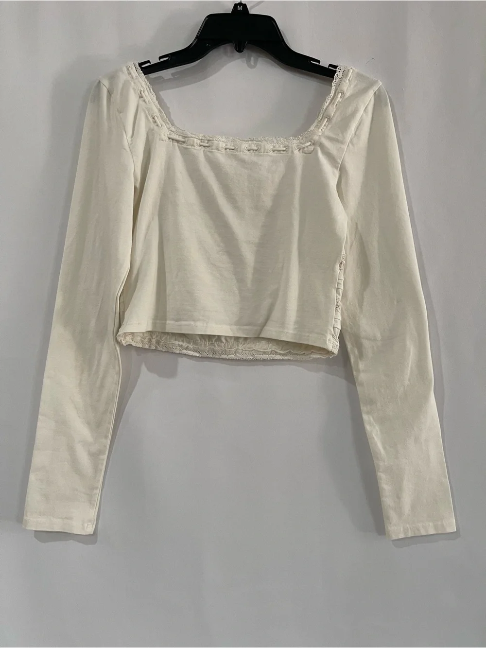 Free People Scarlet Smocked Long Sleeve Crop Top clean Ivory Lace Square Neck